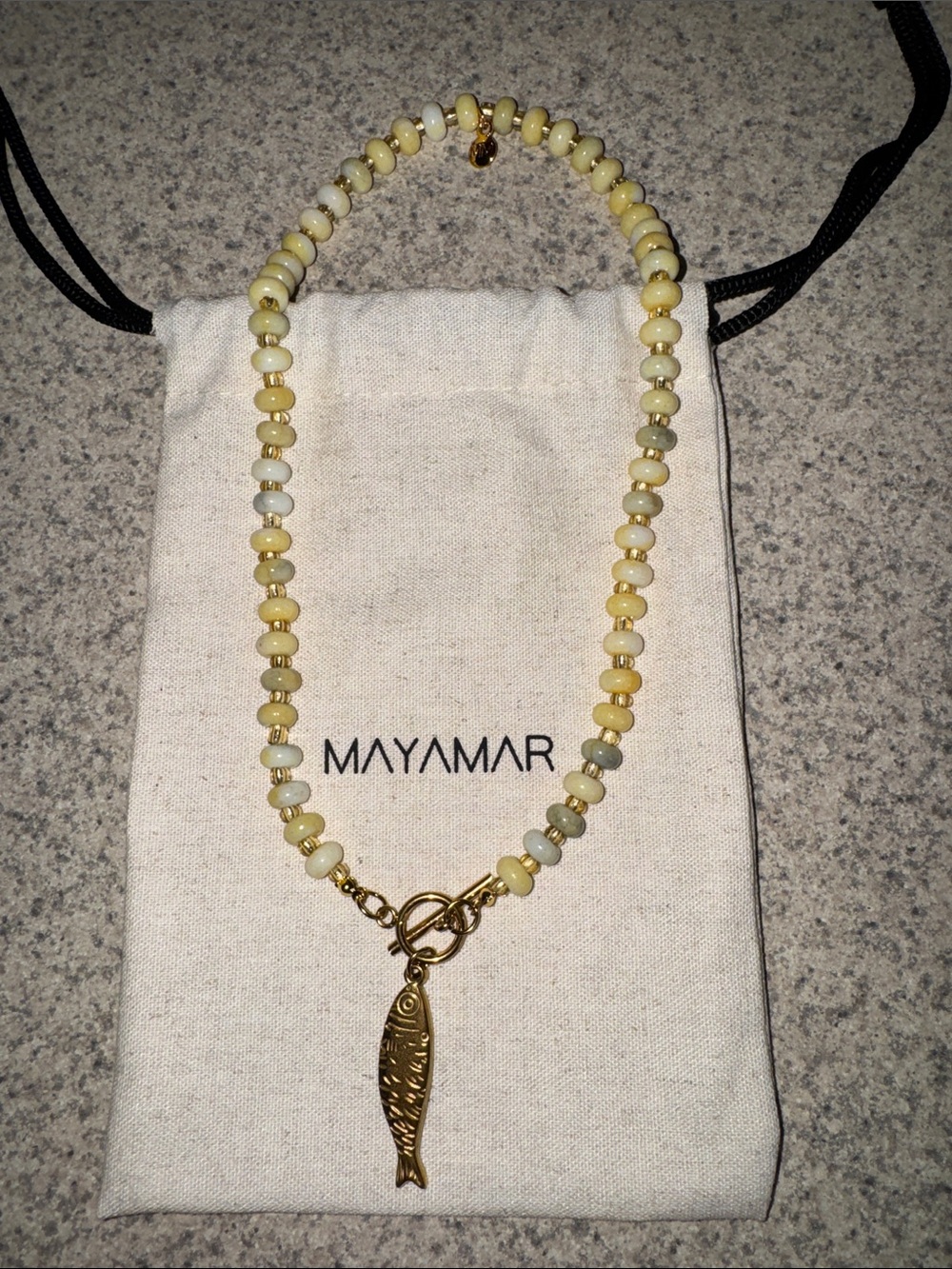Mayamar Pale Yellow Beaded Necklace with Gold Fish Charm